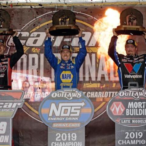 From left: Mat Williamson (Super DIRTcar Series), Brad Sweet (World of Outlaws NOS Energy Drink Sprint Cars) and Brandon Sheppard (World of Outlaws Morton Buildings Late Models) celebrated hard-earned series championships following Saturday's Can-Am World Finals at The Dirt Track at Charlotte.