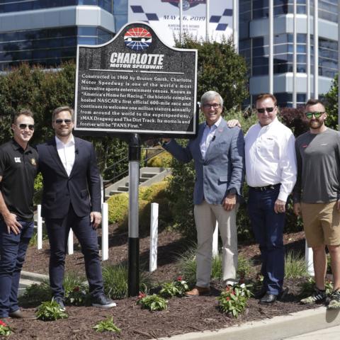 Richard Childress Racing driver Daniel Hemric, Speedway Motorsports, Inc. President and CEO Marcus Smith and Charlotte Motor Speedway Executive Vice President and General Manager Greg Walter join Richard Childress Racing Chairman and CEO Richard Childress and RCR driver and 2017 Coca-Cola 600 winner Austin Dillon at a historical marker unveiling on Thursday at the speedway.