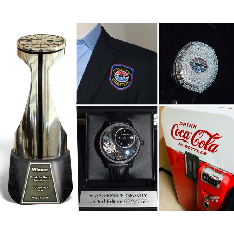 The winner of Sunday’s Coca-Cola 600 at Charlotte Motor Speedway will receive the iconic Bruton Smith Trophy, a 14-carat Jostens diamond ring, a William Wilson-designed winner’s sport coat, a limited-edition Maurice Lacroix Masterpiece Gravity wristwatch and an authentic, vintage Coca-Cola vending machine.