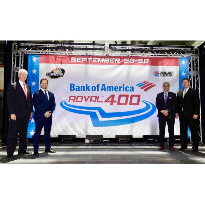 From left: Charles Bowman, Bank of America's market president for Charlotte and North Carolina, joins Marcus Smith, president and CEO of Speedway Motorsports, Charlotte Motor Speedway Executive Vice President Greg Walter and NASCAR Executive Vice President and Chief Racing Development Officer Steve O'Donnell at a press event unveiling the Bank of America ROVAL™ 400 logo on Monday in uptown Charlotte, North Carolina.