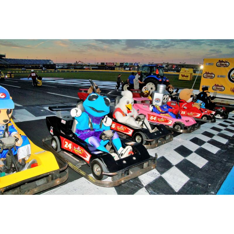 Hugo the Hornet, Lug Nut and Big Bo will tangle with other mascots in a fur-flying Mascot Mania go-kart race during Tuesday's Bojangles' Summer Shootout at Charlotte Motor Speedway.