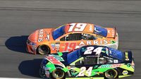 Daniel Suarez and Chase Elliott race side-by-side during Monster Energy All-Star Saturday at Charlotte Motor Speedway.