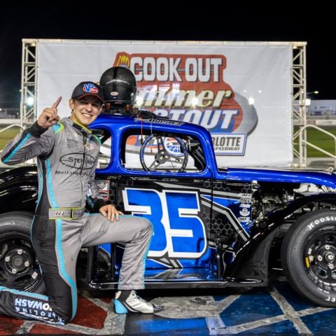 VP Fuels Semi-Pro driver Preston Wrisley celebrates in Victory Lane after earning his first Cook Out Summer Shootout victory during Round 4 at America's Home for Racing.