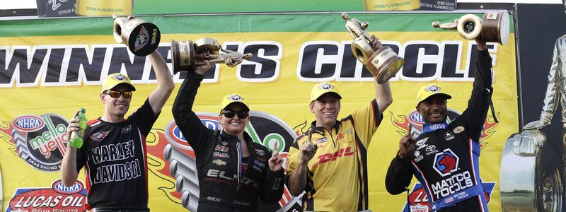 Antron Brown (TF), Del Worsham (FC), Erica Enders (PS) and Andrew Hines (PSM) celebrate their NHRA Carolina Nationals victory at zMAX Dragway.