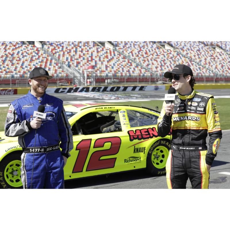 Country music singer Cole Swindell, left, laughs as NASCAR driver Ryan Blaney talks prior to a ride along event on Wednesday at Charlotte Motor Speedway. Swindell, who will perform at Charlotte prior to the Monster Energy All-Star Race on May 19, rode shotgun with Blaney for a first-hand look at NASCAR racing.