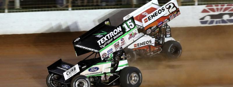 Donny Schatz, 15, battled with Shane Stewart throughout Friday's Outlaw Showdown at The Dirt Track at Charlotte.