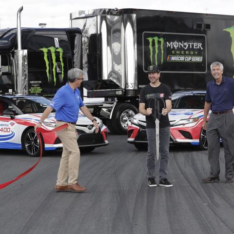 Kurt Busch joined City of Concord Mayor Bill Dusch and Charlotte Motor Speedway Executive Vice President Greg Walter in dedicating the speedway's new infield fan bridge.