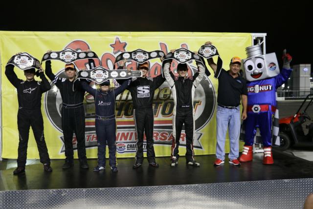 Sam Mayer, left, captured his first Pro championship in the Bojangles' Summer Shootout on Tuesday at Charlotte Motor Speedway. Joining him on stage were fellow champions Justin Gareis (Charter Schools USA Bandolero Outlaws), Zack Miracle (Bandolero Bandits), Isaak Love (K1 Speed Young Lions), Connor Mosack (VP Racing Fuels Semi-Pro) and Robby Faggart (Cabarrus Brewing Company Masters).