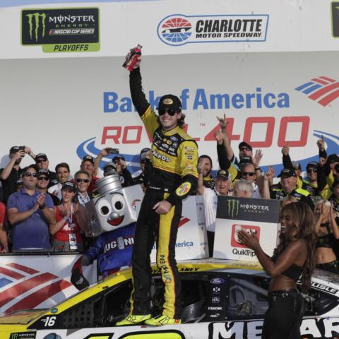 Ryan Blaney celebrates after winning Sunday's Bank of America ROVAL™ 400 on the Charlotte Motor Speedway ROVAL™.