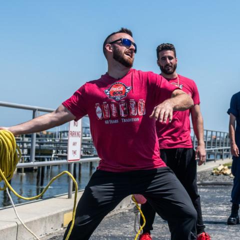 Coca-Cola Racing Family driver Austin Dillon, left, participated in a search-and-rescue mission as well as rescue rope training during his Mission 600 visit on Tuesday to Coast Guard Station Wrightsville Beach.  Ethan Tingler, a crew member from Dillon's No. 3 Richard Childress Racing team, watches along with Seaman Tristan Bradshaw, a member of the U.S Coast Guard.