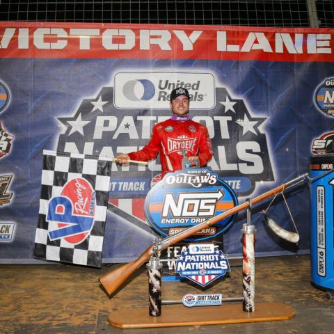 Logan Schuchart celebrates after winning Saturday’s United Rentals Patriot Nationals at The Dirt Track at Charlotte.