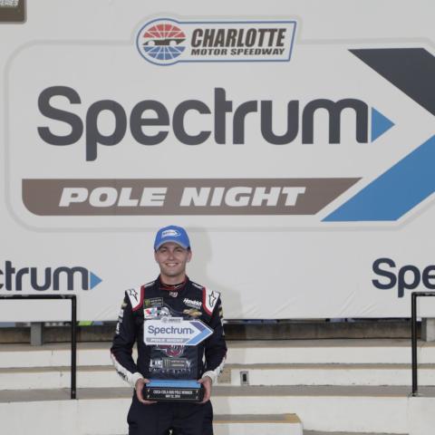 William Byron holds his trophy after winning the pole for Sunday’s 60th running of the Coca-Cola 600 during Spectrum Pole Night on Thursday at Charlotte Motor Speedway.