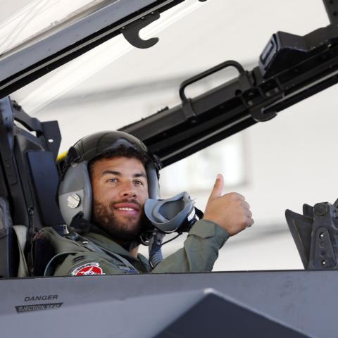 Bubba Wallace poses prior to his flight in an F-15E Strike Eagle fighter jet as part of Charlotte Motor Speedway's Mission 600 stop at Seymour Johnson Air Force Base on Tuesday.