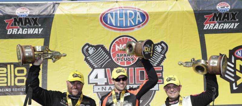 Shawn Langdon (Funny Car), Andrew Hines (Pro Stock Motorcycle) and Steve Torrence each notched mileston victories Sunday at the NGK NHRA Four-Wide Nationals at zMAX Dragway (CMS/HHP photo)