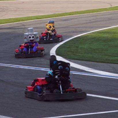 Carolina Panthers mascot Sir Purr leads Charlotte Motor Speedway's Lug Nut and the NASCAR Hall of Fame's Champ the Cheetah during Cook Out Summer Shootout action on Monday night at Charlotte Motor Speedway.