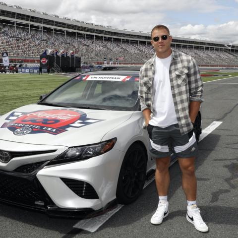 Carolina Panthers running back Christian McCaffrey poses after completing his Honorary Pace Car Driver training prior to Sunday's Coca-Cola 600 at Charlotte Motor Speedway.