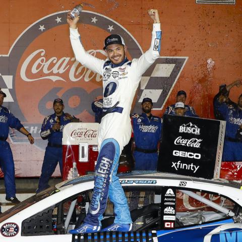 Kyle Larson celebrates after winning Sunday's NASCAR Cup Series Coca-Cola 600 at Charlotte Motor Speedway. Larson's victory marked the 269th win for Hendrick Motorsports, a Cup Series record.