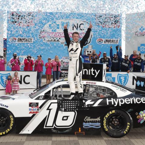 A.J. Allmendinger scored his third consecutive victory in the NASCAR Xfinity Series' Drive For The Cure 250 presented by Blue Cross Blue Shield of North Carolina on Saturday.