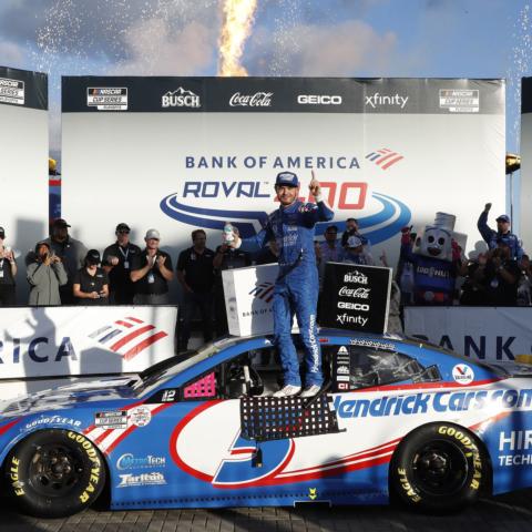 Kyle Larson celebrates with his team after winning Sunday's Bank of America ROVAL™ 400 at Charlotte Motor Speedway.