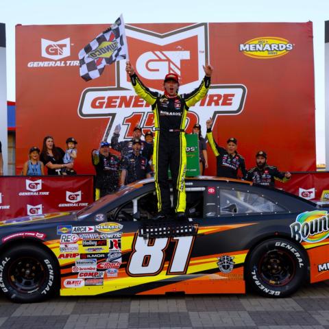 Brandon Jones celebrates after winning Friday's General Tire 150 ARCA Menards Series race at Charlotte Motor Speedway.