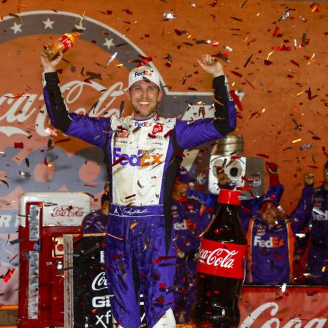 Denny Hamlin scored his first Coca-Cola 600 victory on Sunday at Charlotte Motor Speedway.