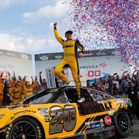 Christopher Bell celebrates after winning Sunday's Bank of America ROVAL™ 400, his third career NASCAR Cup Series victory. 