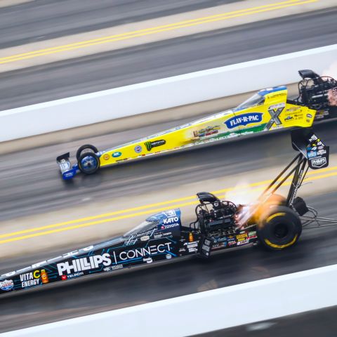 Justin Ashley, bottom row, set the lowest time during Saturday’s Top Fuel qualifying for the Betway NHRA Carolina Nationals at zMAX Dragway – but Brittany Force, top row, set a new track speed record: 336.91 mph.