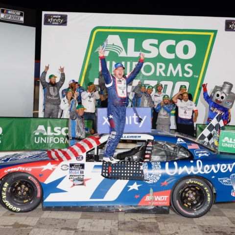 Justin Allgaier celebrates after winning the NASCAR Xfinity Series Alsco Uniforms 300 on Monday night at Charlotte Motor Speedway. 
