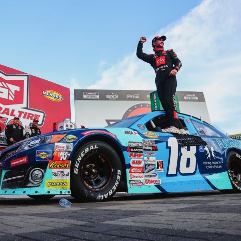 Tanner Gray celebrates his first ARCA Menards Series victory in Friday's General Tire 150 at Charlotte Motor Speedway.
