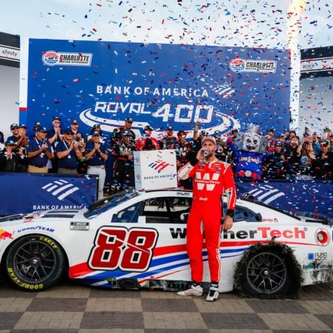 Shane Van Gisbergen celebrates after winning Sunday's Bank of America ROVAL™ 400 at Charlotte Motor Speedway.