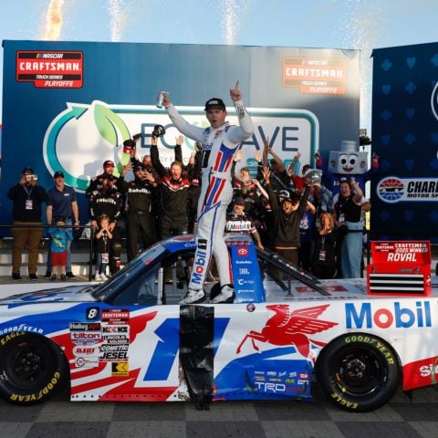 Corey Heim celebrates his 10th NASCAR CRAFTSMAN Truck Series win of 2025 in Friday's Ecosave 250 at Charlotte Motor Speedway.