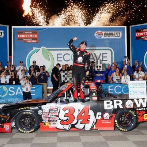 Layne Riggs celebrates after winning Friday's Ecosave 200 NASCAR CRAFTSMAN Truck Series race at Charlotte Motor Speedway. The victory was Riggs' seventh of the season and his second in a row at Charlotte.