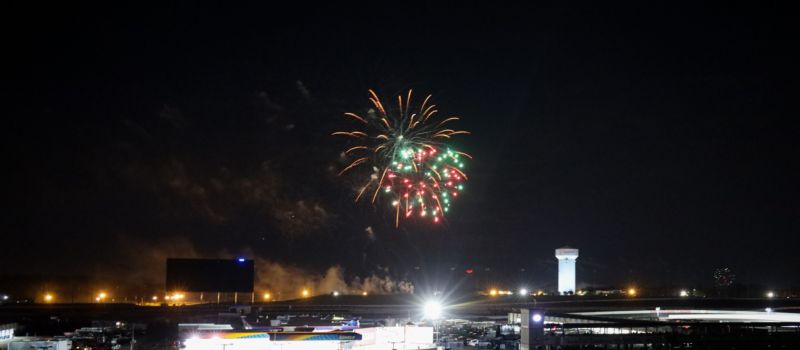 A pre Fourth of July fireworks display lights up the quarter-mile at Charlotte Motor Speedway to cap off Round 5 of the Cook Out Summer Shootout.