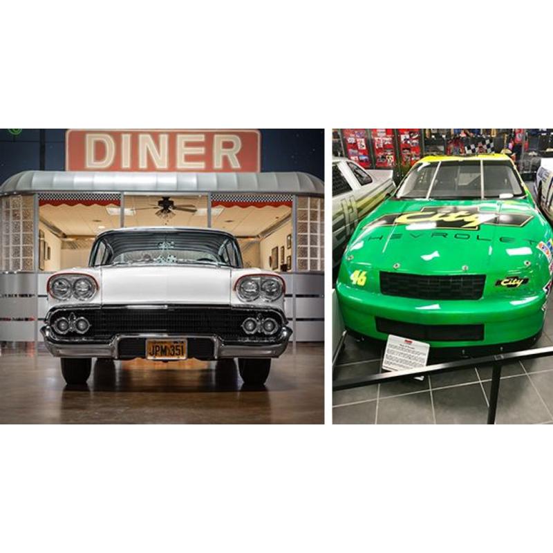 The Ray Evernham-owned 1958 Chevrolet Impala from "American Graffiti," left, and the No. 46 City Chevrolet car from "Days of Thunder" are among the movie- and television-themed cars on display April 5-8 at the Pennzoil AutoFair presented by Advance Auto Parts at Charlotte Motor Speedway.
