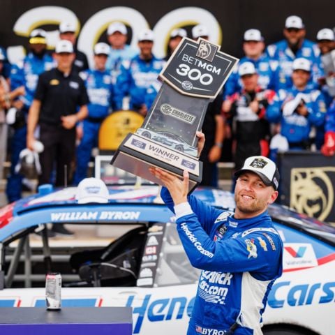 William Byron celebrates after winning Saturday's BetMGM 300 NASCAR Xfinity Series race at Charlotte Motor Speedway. 