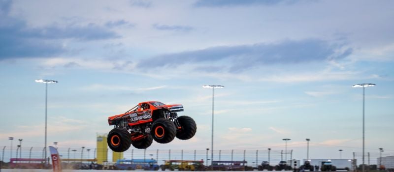 Bad Company flies high over The Dirt Track at Charlotte en route to a sweep of Saturday night's Circle K Monster Truck Bash, taking home the top prize in both the elimination and freestyle competitions.