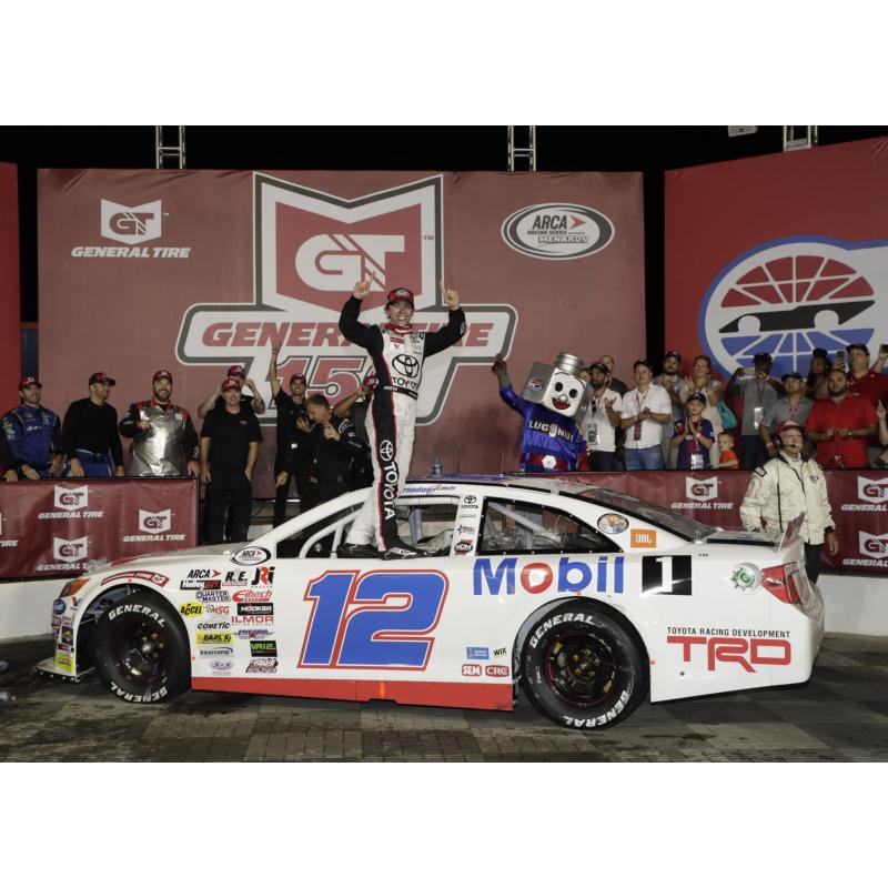 Brandon Jones celebrates after winning Thursday's General Tire 150 ARCA Racing Series presented by Menards race during Spectrum Pole Night at Charlotte Motor Speedway.