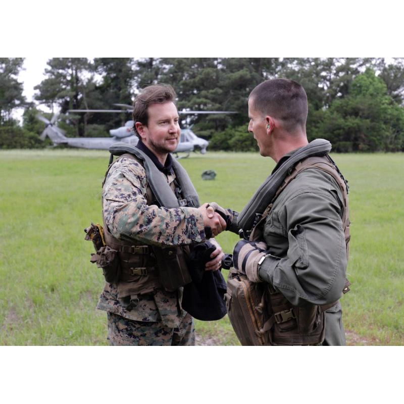 Kurt Busch shakes the hand of UH-1 Huey pilot Capt. Justin Freeman after touring Camp Lejeune to conclude a full day of training alongside the 2nd RECON Battalion at Camp Lejeune on Tuesday, May 8, 2018. The visit was part of Charlotte Motor Speedway’s Mission 600, a prelude to the upcoming Coca-Cola 600 pre-race Salute to the Troops on Sunday, May 27. 