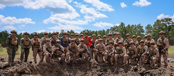 Coca-Cola Racing Family driver and three-time NASCAR Cup Series champion Joey Logano greets members of the 2D Combat Engineer Battalion at Marine Corps Base Camp Lejeune as Charlotte Motor Speedway kicked off its 2025 Mission 600 campaign.