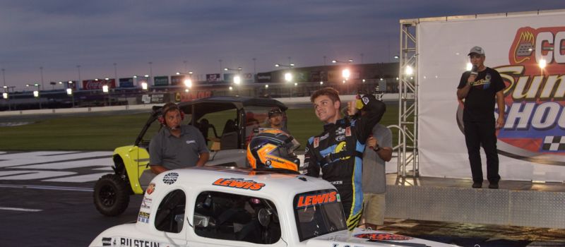 Boston Reid & Co. Pro driver Landen Lewis celebrates his second consecutive win during "Awful Night" at the Cook Out Summer Shootout at Charlotte Motor Speedway. 