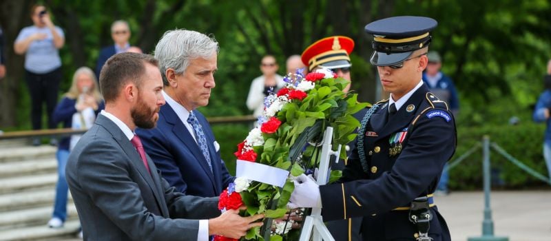 Defending Coca-Cola 600 winner Ross Chastain and Charlotte Motor Speedway President and GM Greg Walter lay a wreath at the Tomb of the Unknown Soldier at Arlington National Cemetery as part of Mission 600 on Wednesday.