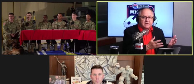 NASCAR driver and team owner Denny Hamlin (bottom) connected via zoom with members of the U.S. Forces Command, Korea’s 19th Expeditionary Sustainment Command (top left). The Performance Racing Network's Doug Rice (top right) emceed a wide-ranging conversation centered around the share ideals of logistics and sustainment in the military and NASCAR.