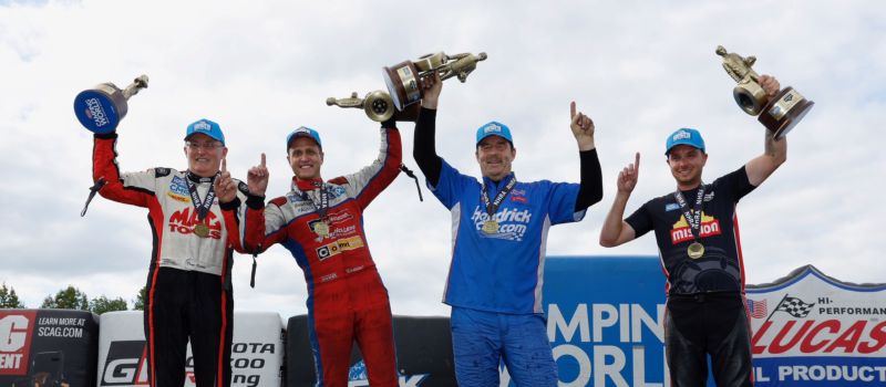 (Left to right) Doug Kalitta (Top Fuel), Bob Tasca (Funny Car), Greg Anderson (Pro Stock) and Gaige Herrera (Pro Stock Motorcycle) celebrate in victory lane after each winning at the Betway NHRA Carolina Nationals on Sunday.