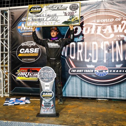 Tanner English celebrates after winning Thursday's World of Outlaws CASE Construction Late Models feature during the World of Outlaws World Finals at The Dirt Track at Charlotte.