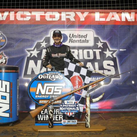 Gio Scelzi celebrates after winning the first night of the United Rentals Patriot Nationals.