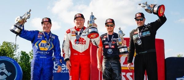Ron Capps (Funny Car), Doug Kalitta (Top Fuel), Gaige Herrera (Pro Stock Motorcycle) and Matt Hartford (Pro Stock) — left to right — each earned the coveted diamond Wally on Sunday at the 4-Wide Nationals, celebrating NHRA’s 75th anniversary.