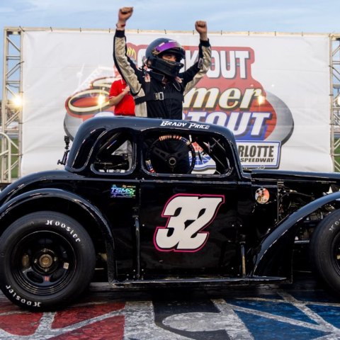 Brady Price celebrates after checking the first Cook Out Summer Shootout victory of his career off his Christmas wish list during Tuesday night's Chargers Division feature.