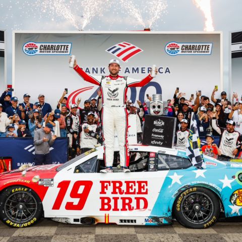 Chase Briscoe celebrates after winning Sunday's Bank of America 400 at Charlotte Motor Speedway. Briscoe beat Joe Gibbs Racing teammate Christopher Bell to the finish line by .029 seconds in the second-closest finish in a Cup points race in CMS history.