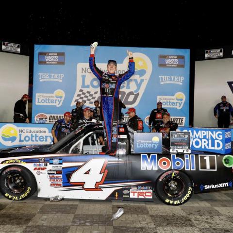 John Hunter Nemechek celebrates after winning Friday's North Carolina Education Lottery 200.