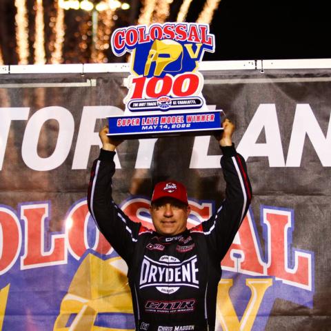 Chris Madden celebrates after winning Saturday's Colossal 100 finale at The Dirt Track.